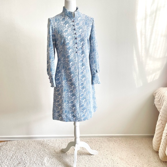 Vintage Dresses & Skirts - Leo-Danal Crimplene Dress with Buttons, Women’s US 10 Light Blue & Cream